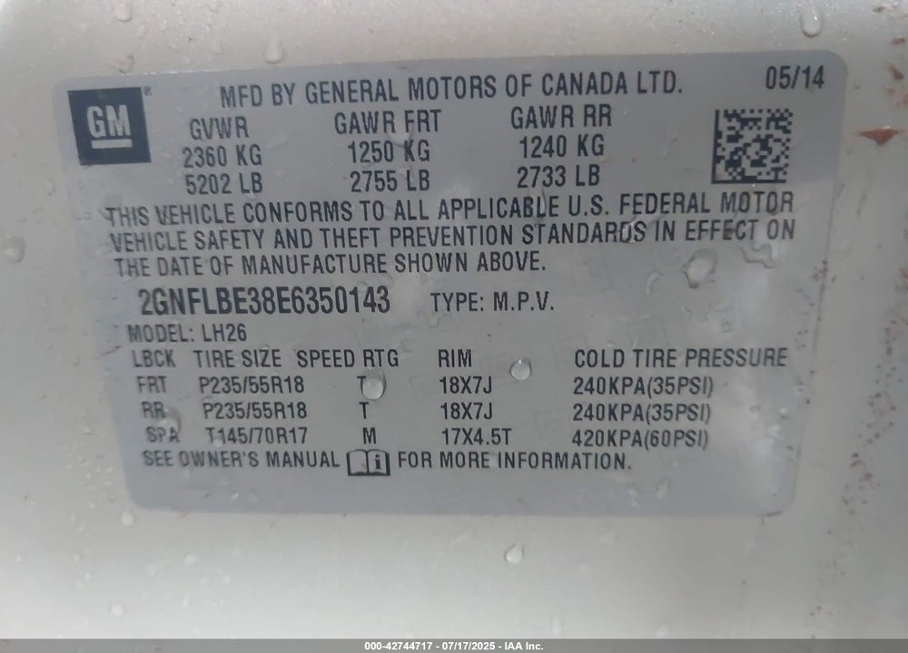 2014 CHEVROLET EQUINOX VIN: 2GNFLBE38E6350143