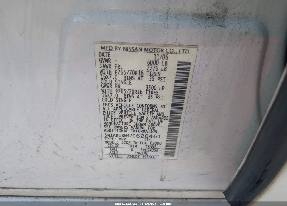 2007 NISSAN PATHFINDER VIN: 5N1AR18W47C620461