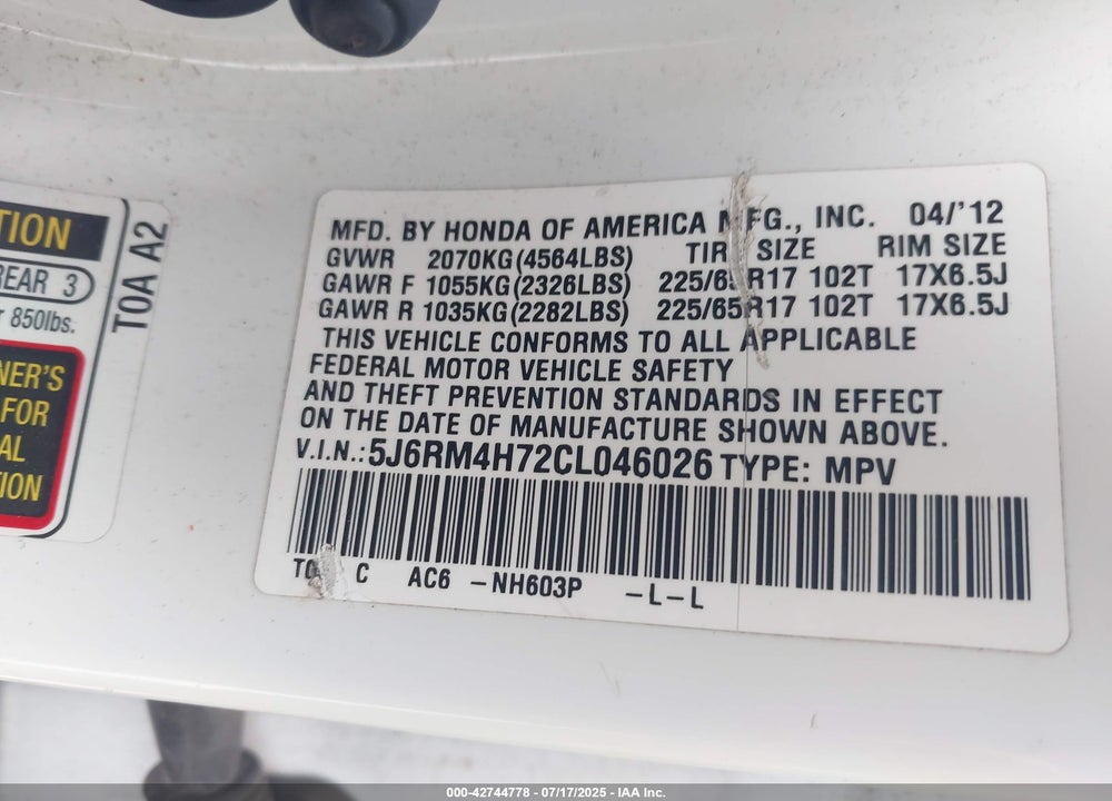 2012 HONDA CR-V VIN: 5J6RM4H72CL046026