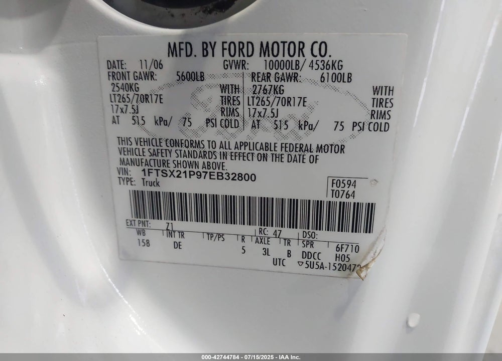 2007 FORD F-250 VIN: 1FTSX21P97EB32800