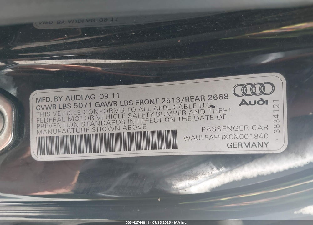 2012 AUDI A5 VIN: WAULFAFHXCN001840