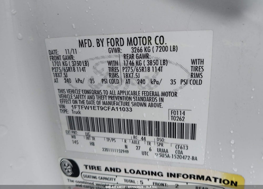 2012 FORD F-150 VIN: 1FTFW1ET9CFA11033