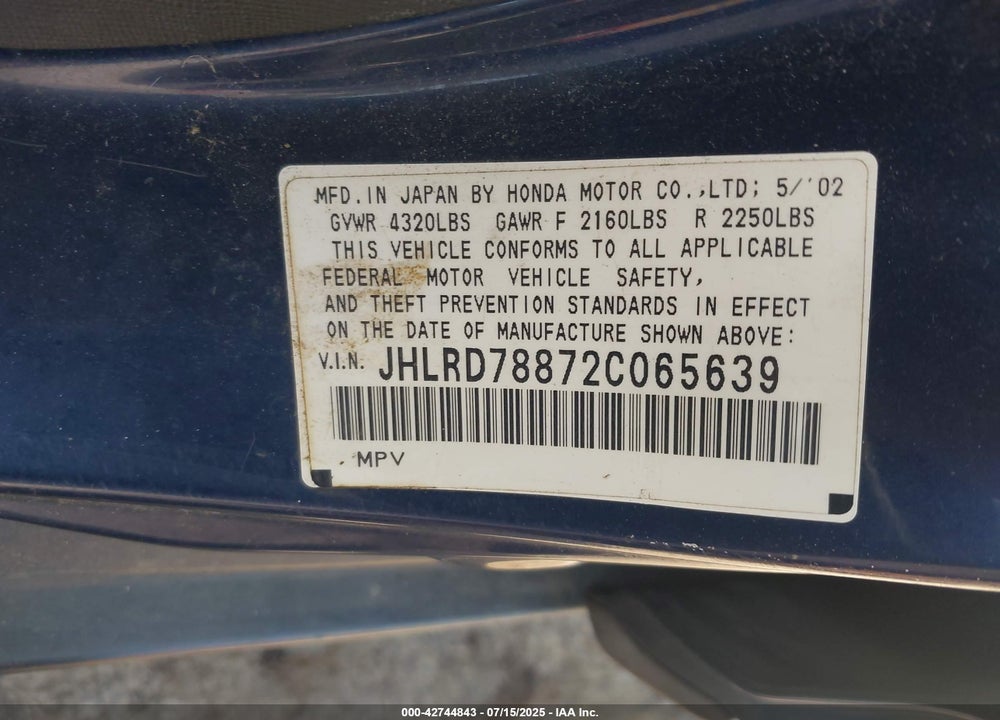 2002 HONDA CR-V EX VIN: JHLRD78872C065639