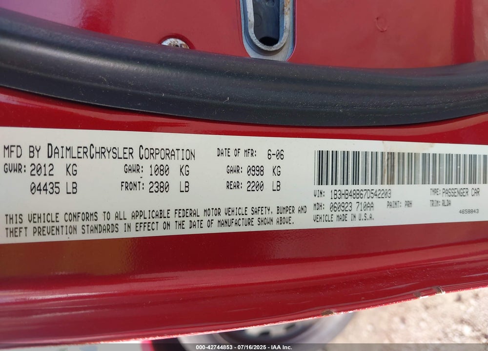 2007 DODGE CALIBER SXT VIN: 1B3HB48B67D542203