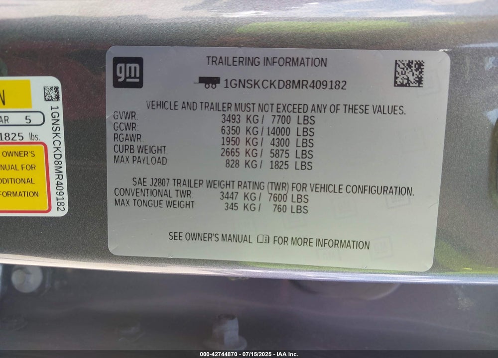 2021 CHEVROLET SUBURBAN VIN: 1GNSKCKD8MR409182