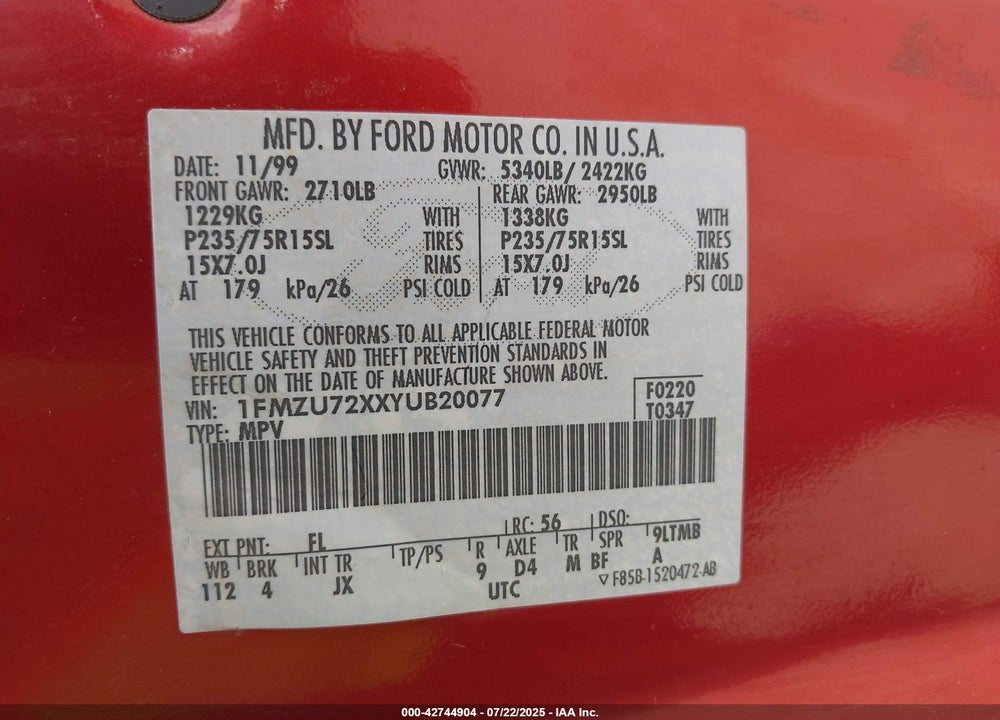 2000 FORD EXPLORER XLS VIN: 1FMZU72XXYUB20077
