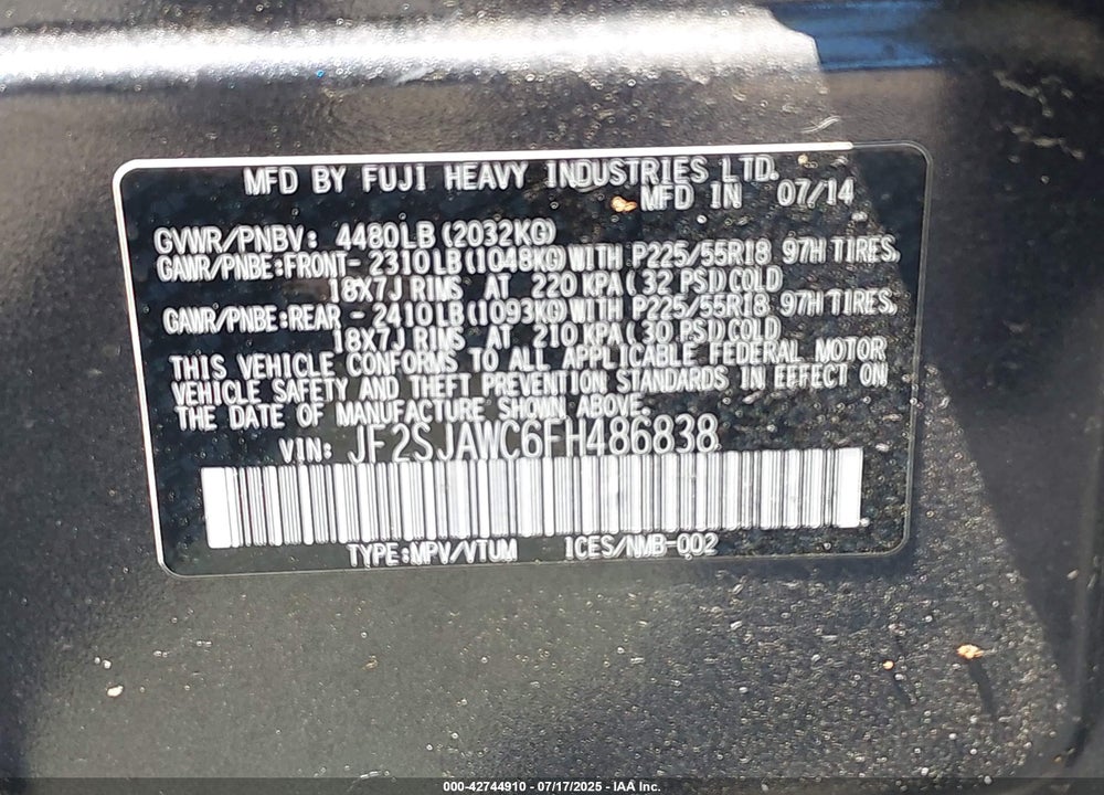 2015 SUBARU FORESTER VIN: JF2SJAWC6FH486838