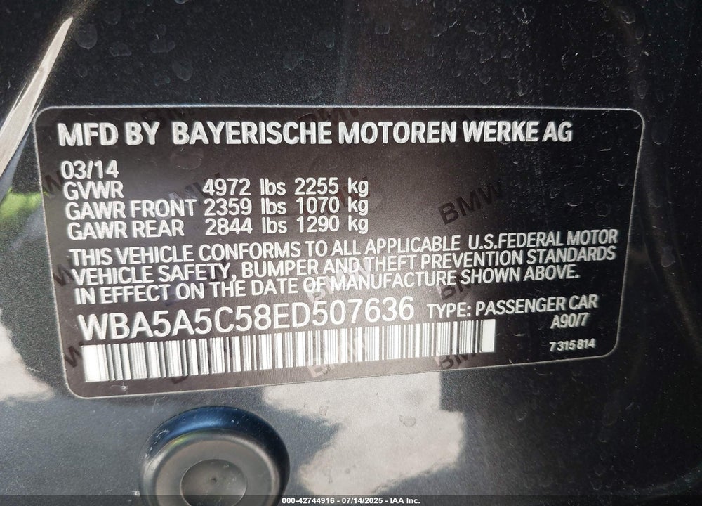 2014 BMW 5 SERIES VIN: WBA5A5C58ED507636