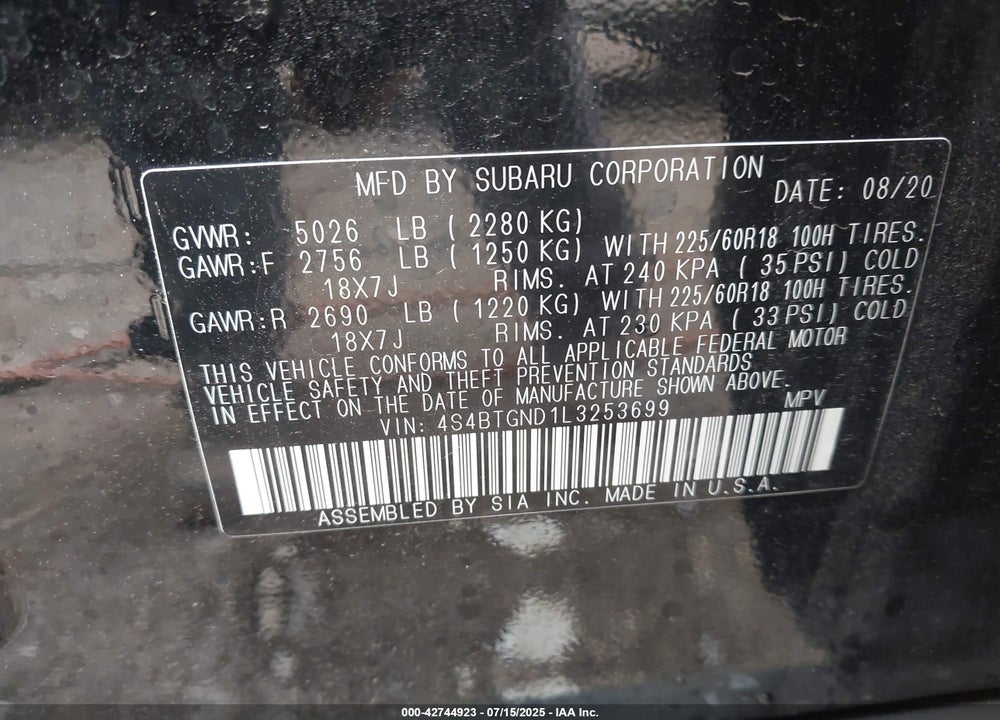 2020 SUBARU OUTBACK VIN: 4S4BTGND1L3253699