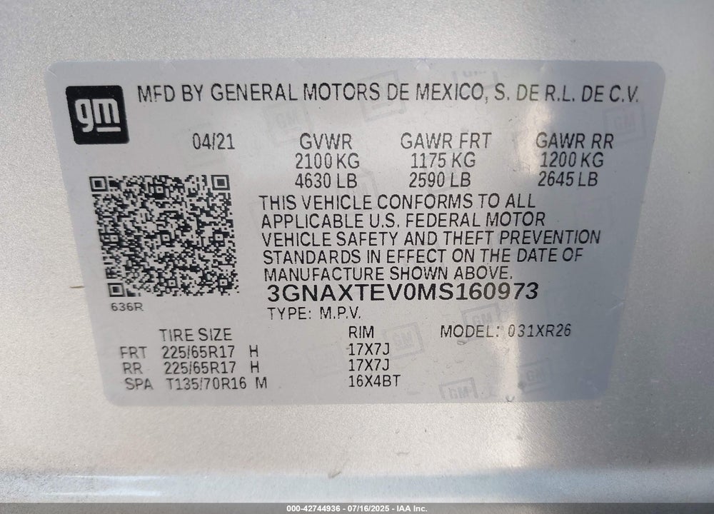2021 CHEVROLET EQUINOX VIN: 3GNAXTEV0MS160973