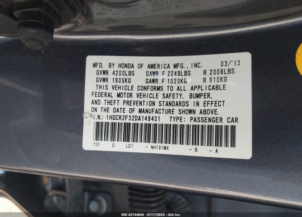 2013 HONDA ACCORD VIN: 1HGCR2F32DA149401