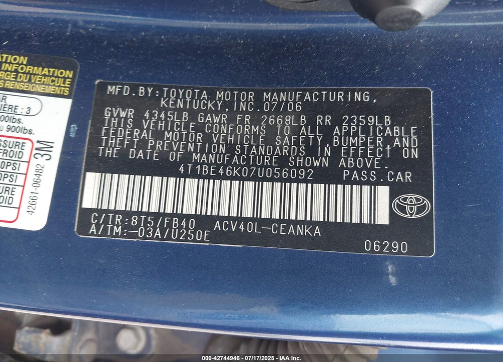 2007 TOYOTA CAMRY VIN: 4T1BE46K07U056092