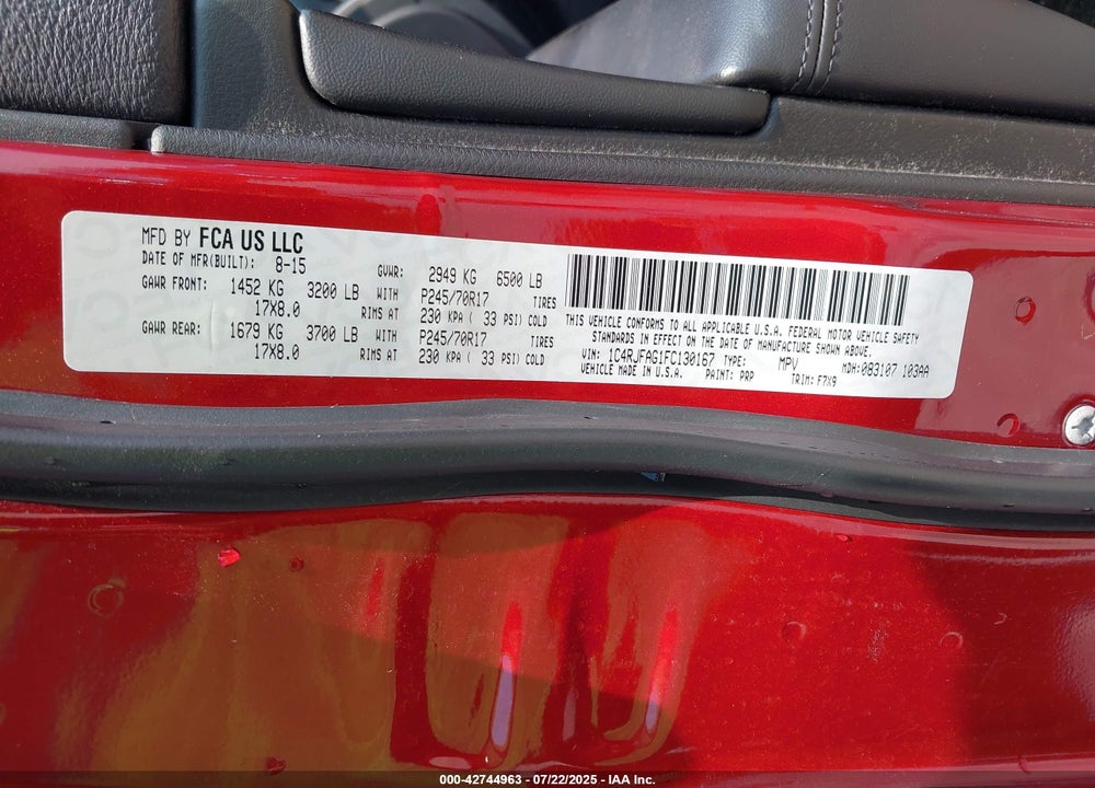 2015 JEEP GRAND CHEROKEE VIN: 1C4RJFAG1FC130167
