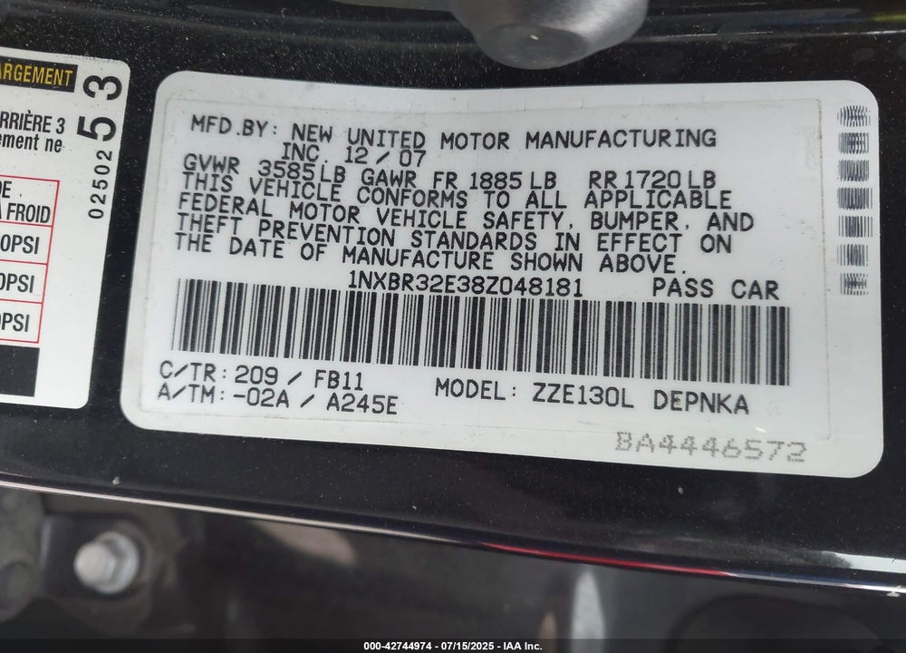 2008 TOYOTA COROLLA VIN: 1NXBR32E38Z048181