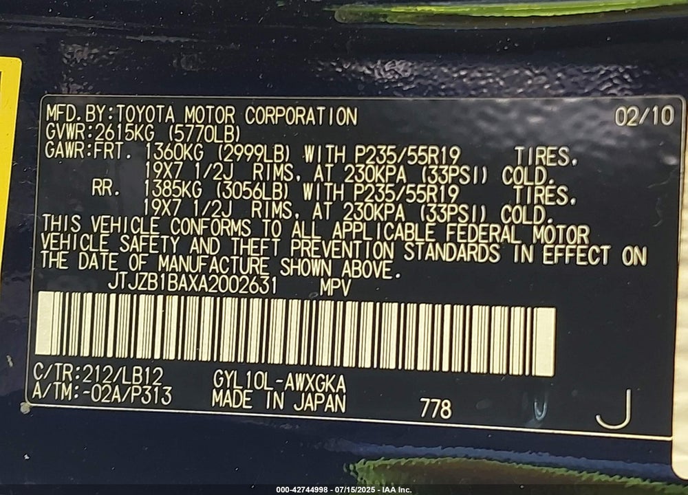 2010 LEXUS RX VIN: JTJZB1BAXA2002631