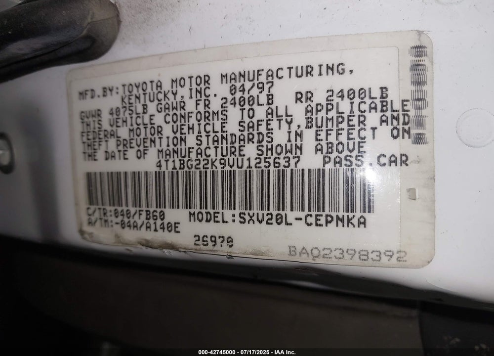 1997 TOYOTA CAMRY VIN: 4T1BG22K9VU125637