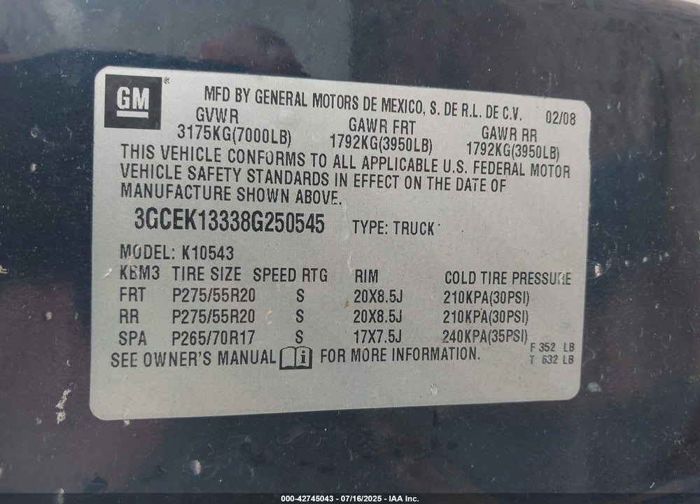 2008 CHEVROLET SILVERADO 1500 VIN: 3GCEK13338G250545