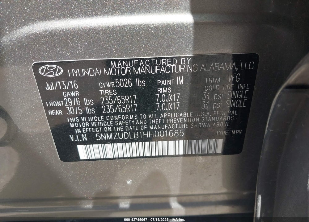 2017 HYUNDAI SANTA FE SPORT 2.4L VIN: 5NMZUDLB1HH001685
