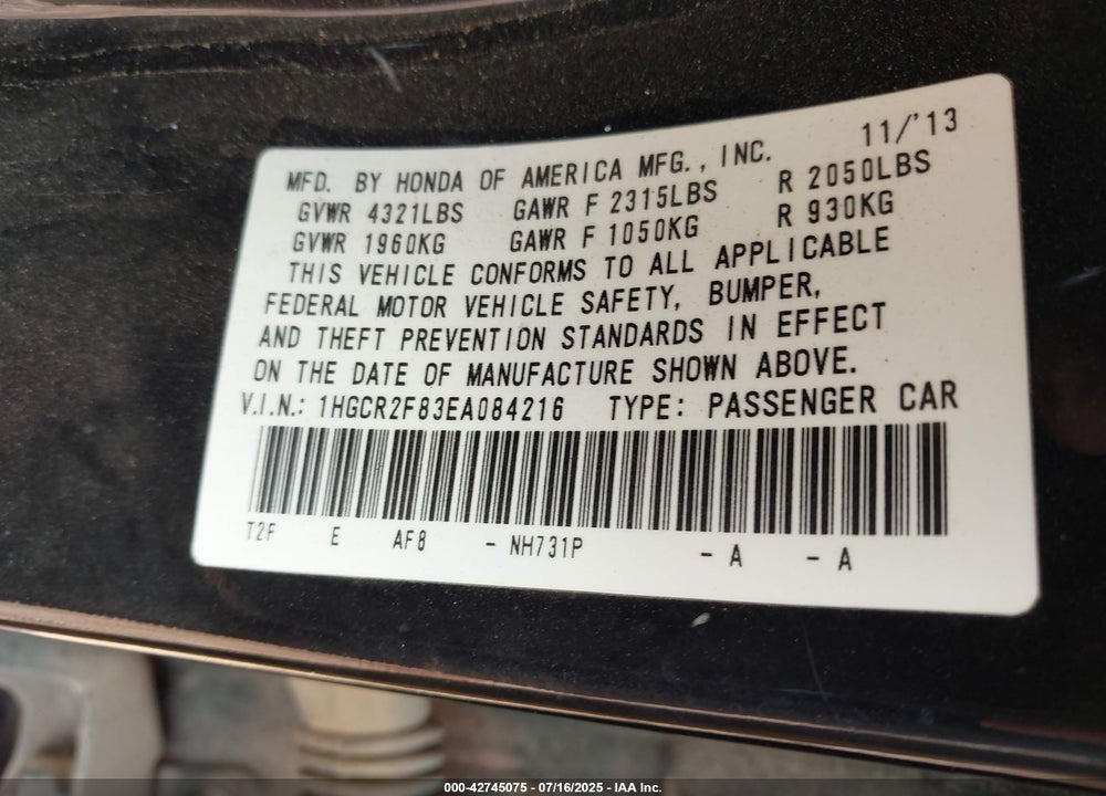 2014 HONDA ACCORD EX-L VIN: 1HGCR2F83EA084216