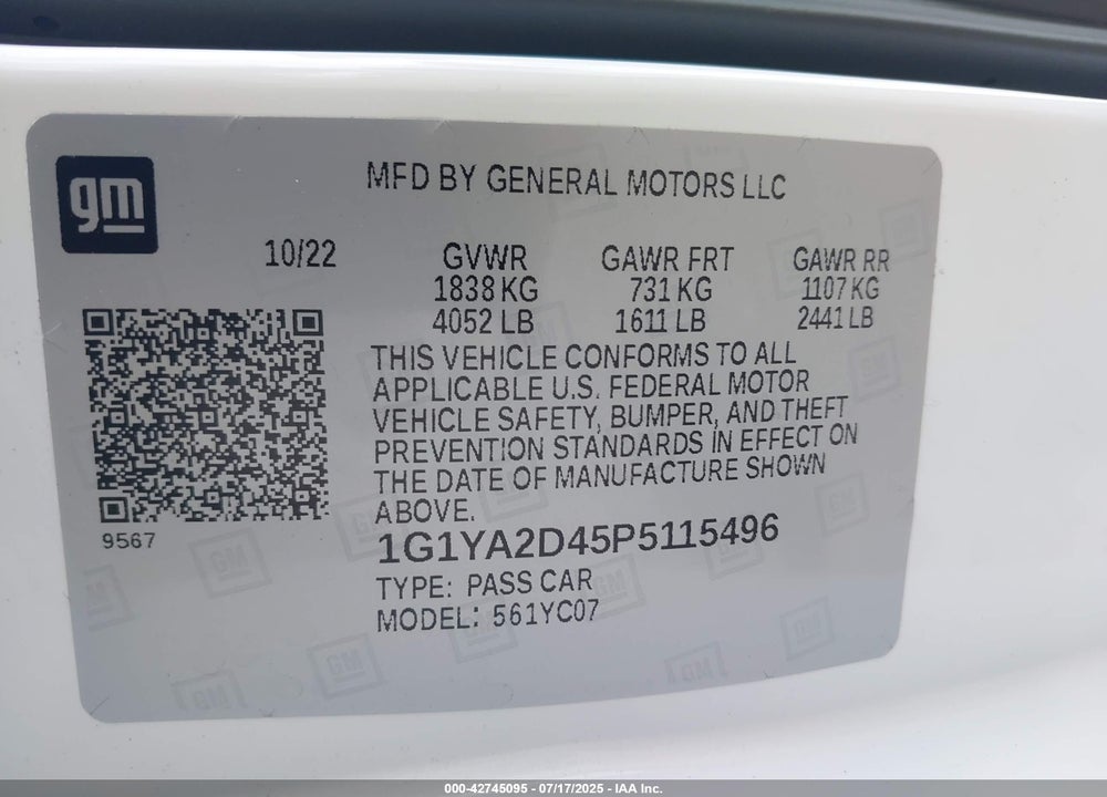 2023 CHEVROLET CORVETTE STINGRAY RWD 1LT VIN: 1G1YA2D45P5115496