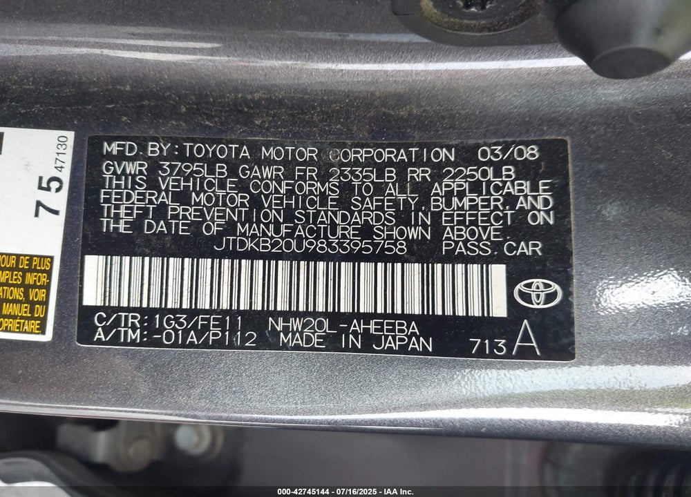2008 TOYOTA PRIUS VIN: JTDKB20U983395758