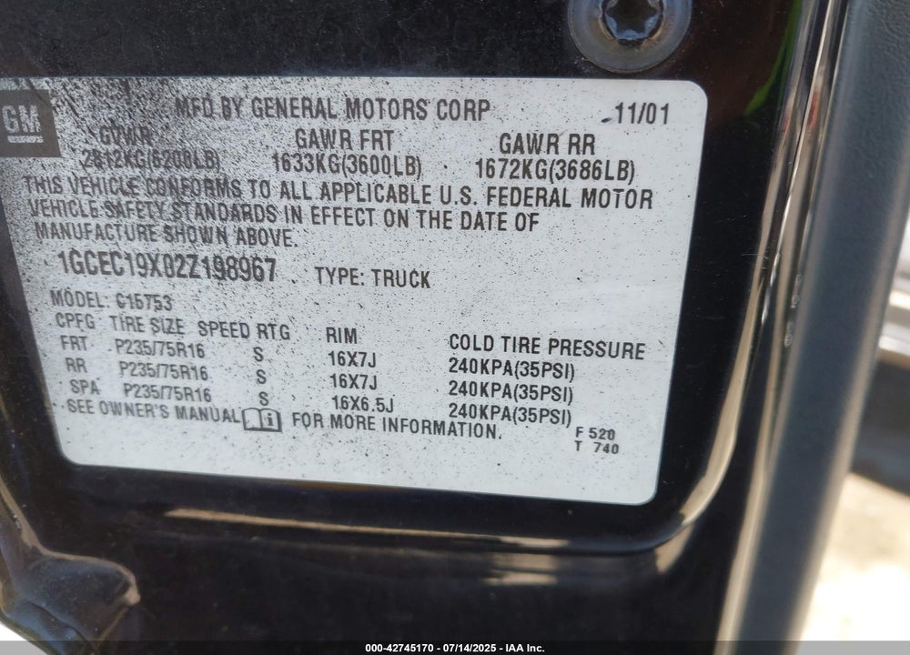 2002 CHEVROLET SILVERADO 1500 LS VIN: 1GCEC19X02Z198967