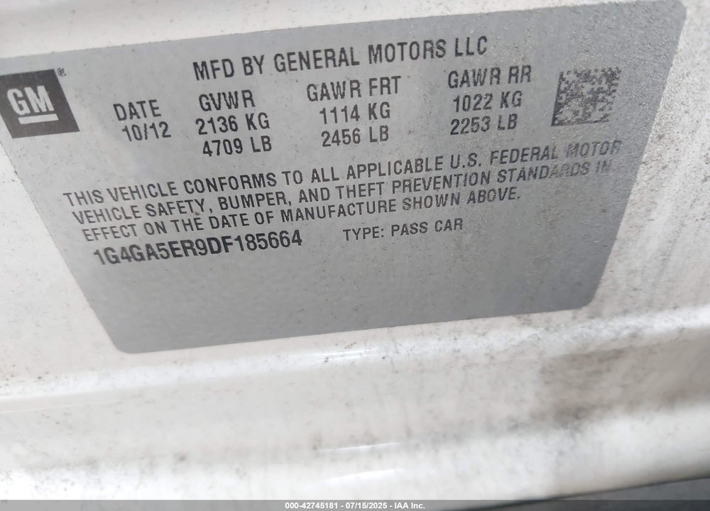 2013 BUICK LACROSSE VIN: 1G4GA5ER9DF185664
