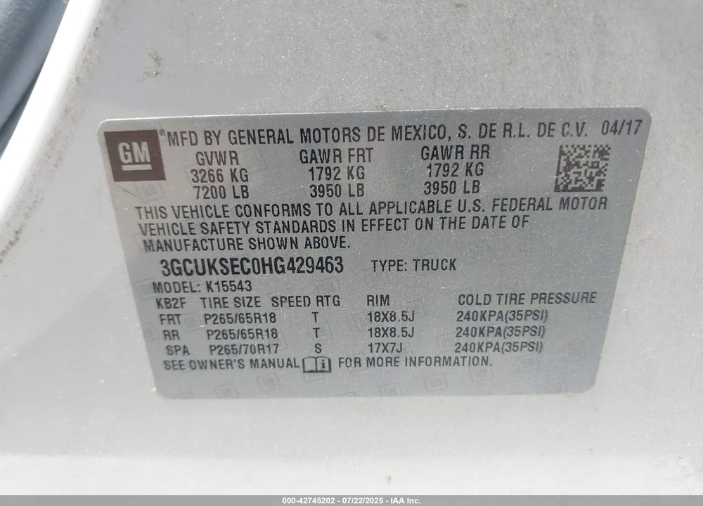 2017 CHEVROLET SILVERADO 1500 VIN: 3GCUKSEC0HG429463