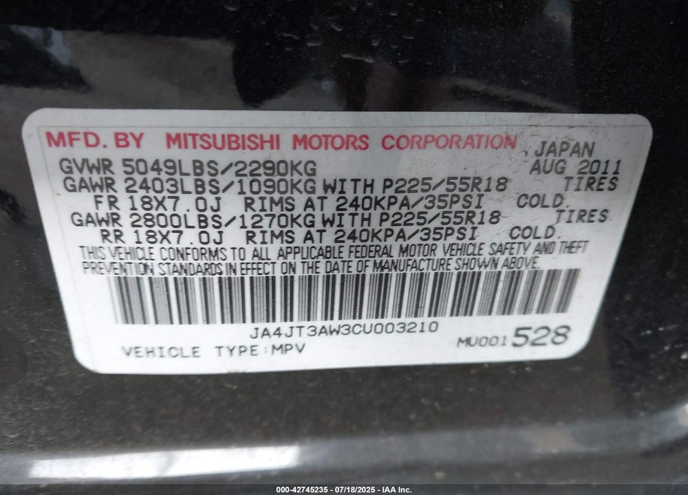 2012 MITSUBISHI OUTLANDER VIN: JA4JT3AW3CU003210
