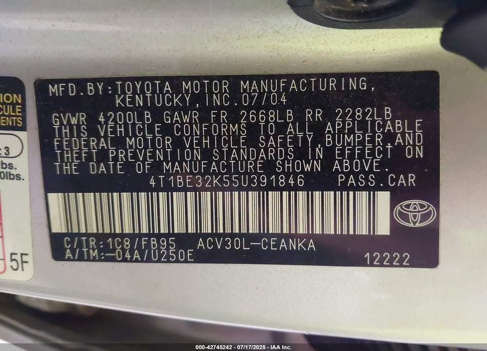 2005 TOYOTA CAMRY LE/XLE/SE VIN: 4T1BE32K55U391846
