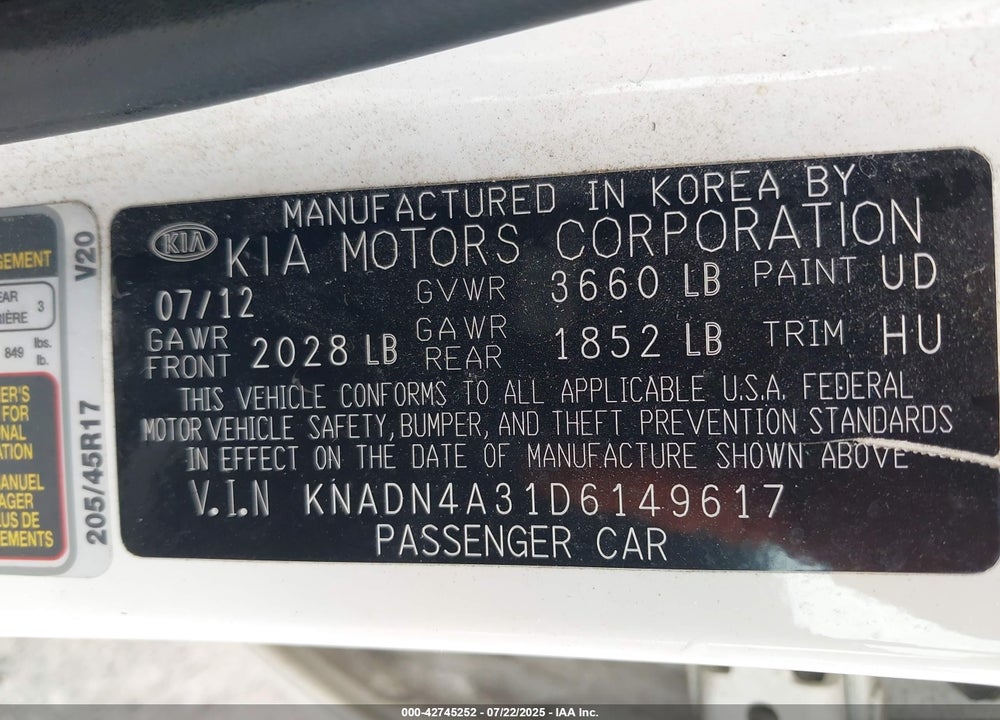 2013 KIA RIO VIN: KNADN4A31D6149617