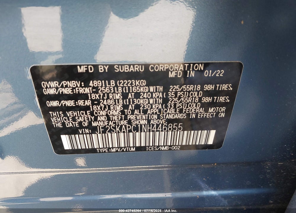 2022 SUBARU FORESTER LIMITED VIN: JF2SKAPC1NH446855