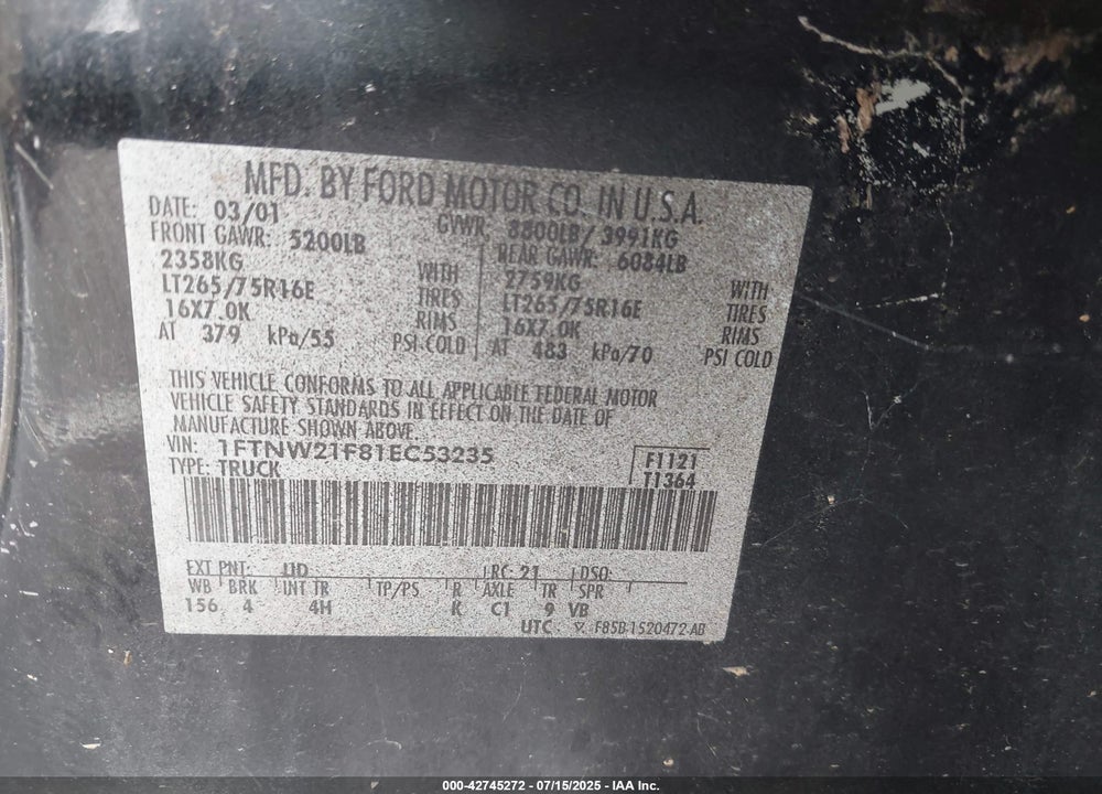 2001 FORD F-250 LARIAT/XL/XLT VIN: 1FTNW21F81EC53235