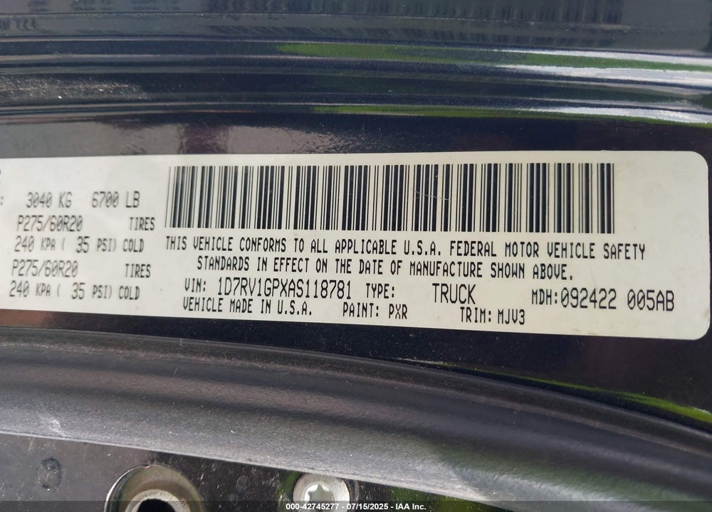 2010 DODGE RAM 1500 VIN: 1D7RV1GPXAS118781