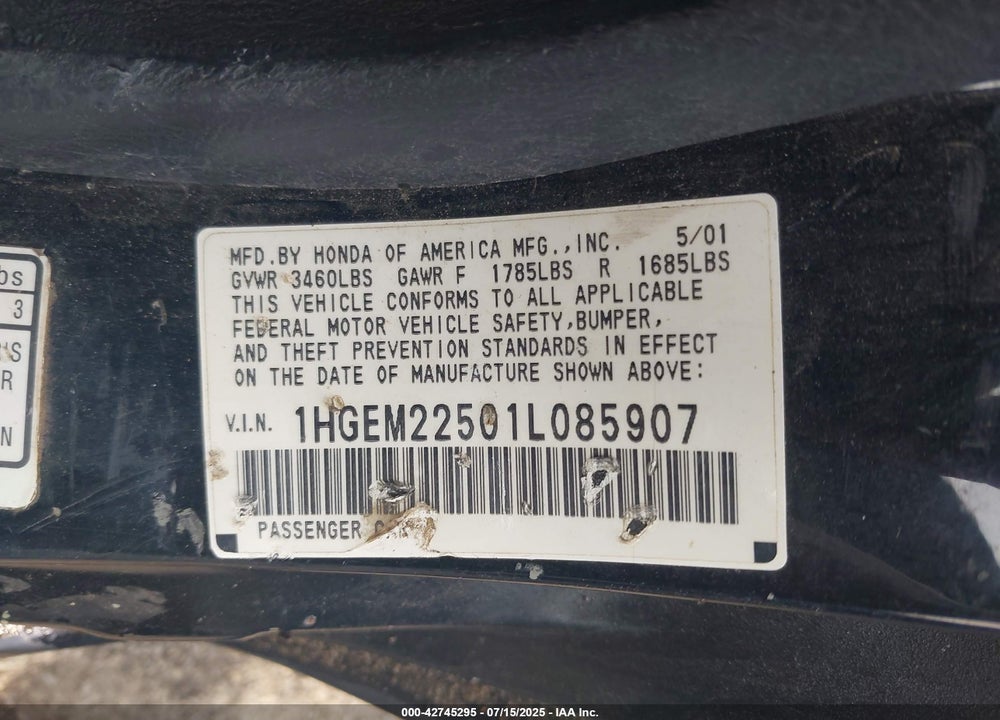 2001 HONDA CIVIC LX VIN: 1HGEM22501L085907