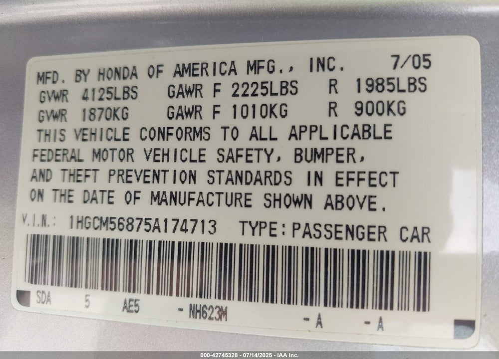 2005 HONDA ACCORD 2.4 EX VIN: 1HGCM56875A174713
