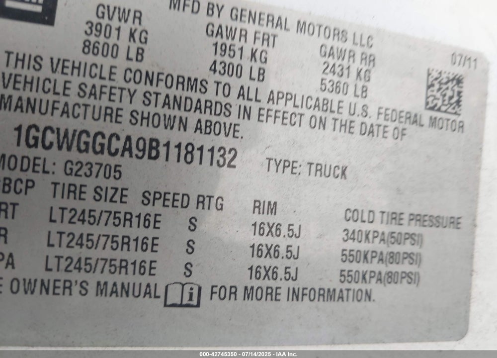2011 CHEVROLET EXPRESS 2500 WORK VAN VIN: 1GCWGGCA9B1181132