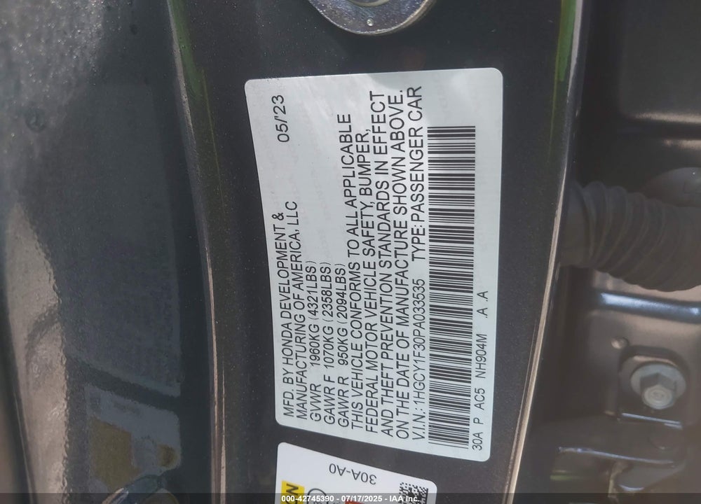 2023 HONDA ACCORD VIN: 1HGCY1F30PA033535