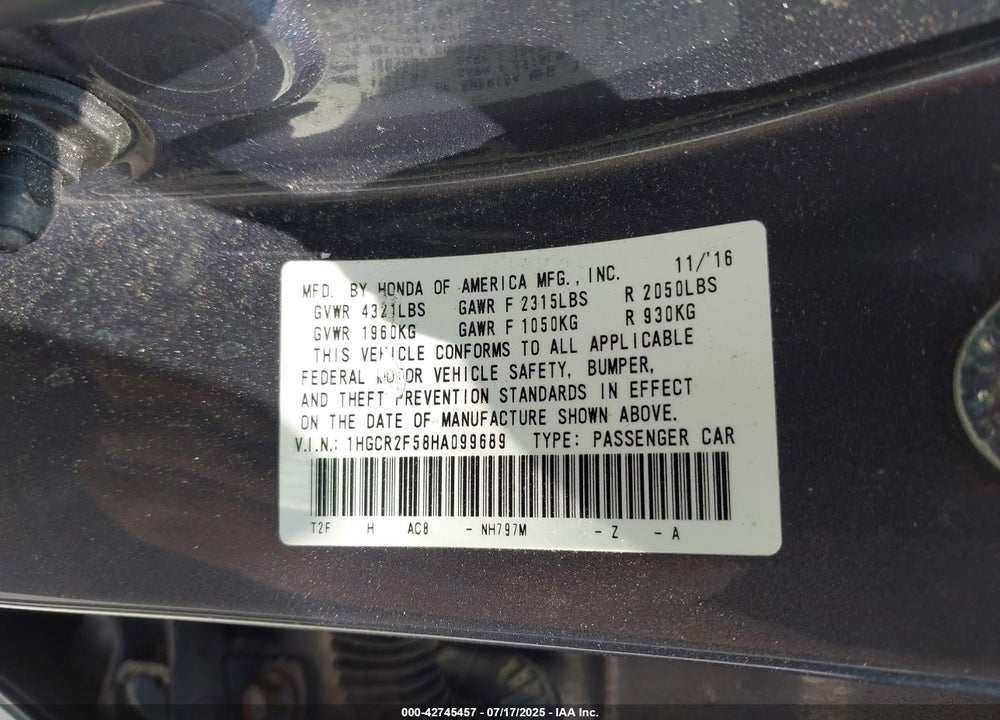 2017 HONDA ACCORD VIN: 1HGCR2F58HA099689