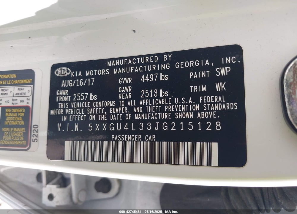 2018 KIA OPTIMA EX VIN: 5XXGU4L33JG215128