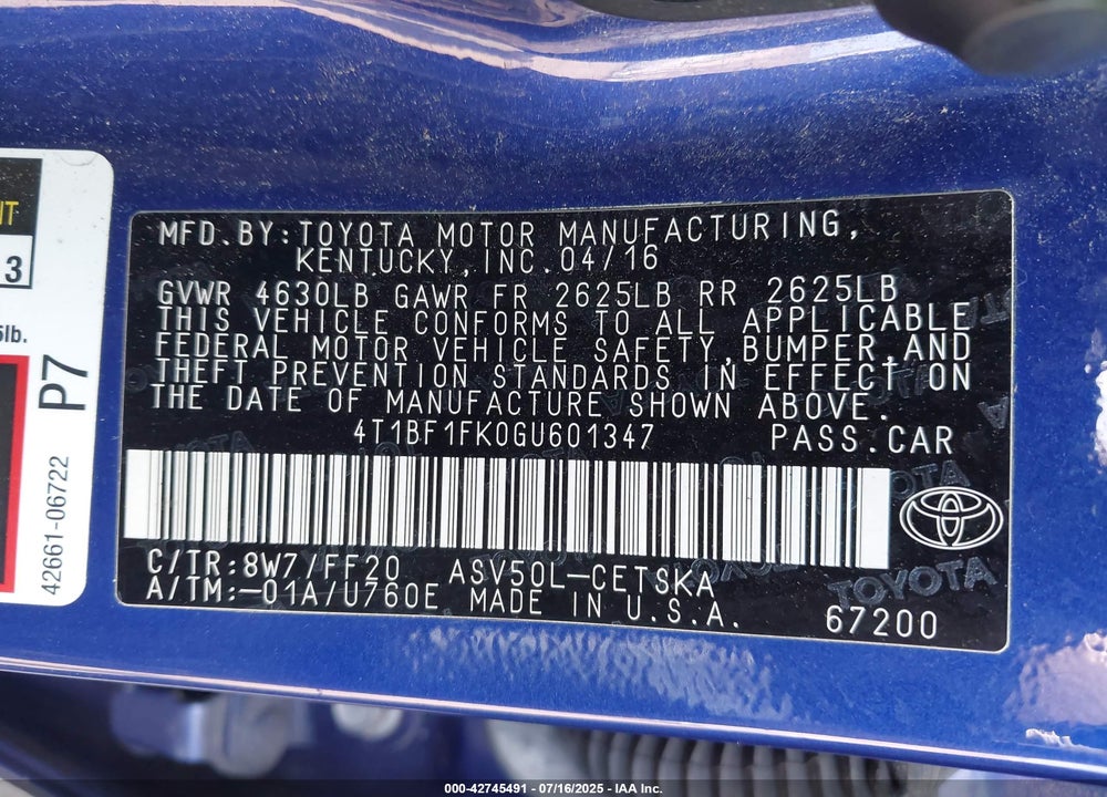 2016 TOYOTA CAMRY SE VIN: 4T1BF1FK0GU601347