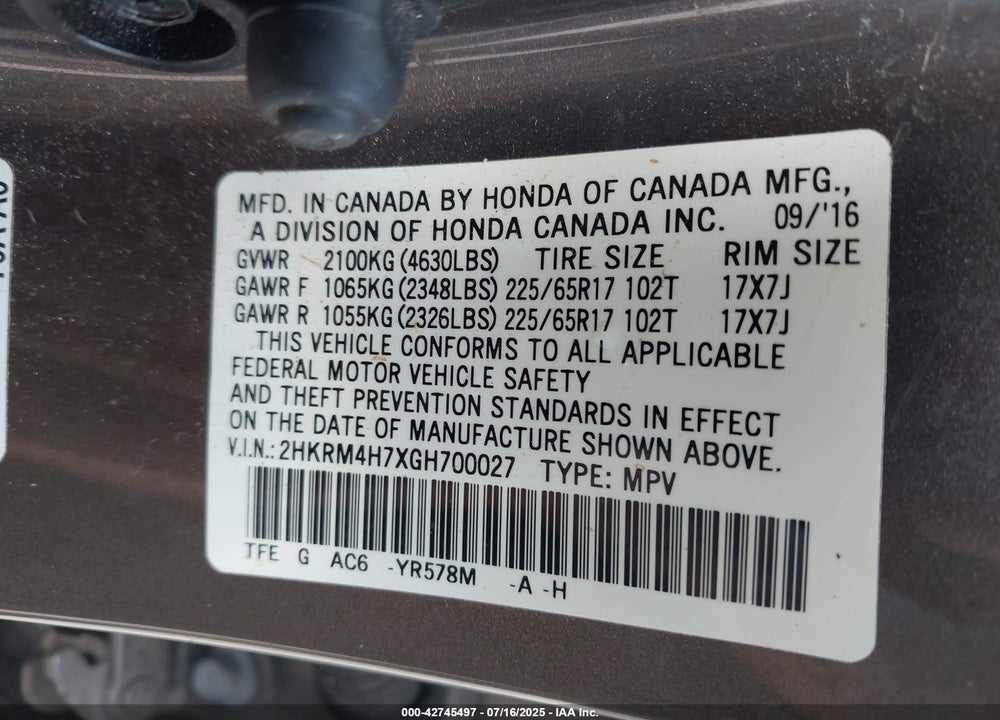 2016 HONDA CR-V VIN: 2HKRM4H7XGH700027