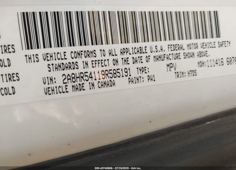 2009 CHRYSLER TOWN & COUNTRY VIN: 2A8HR54119R585191