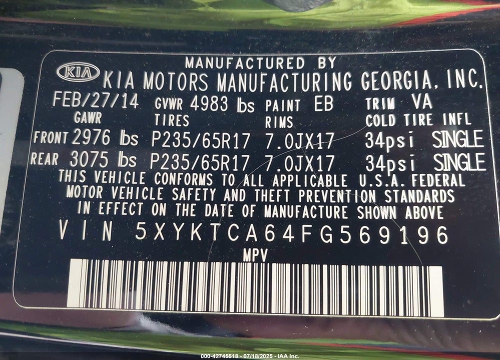 2015 KIA SORENTO VIN: 5XYKTCA64FG569196