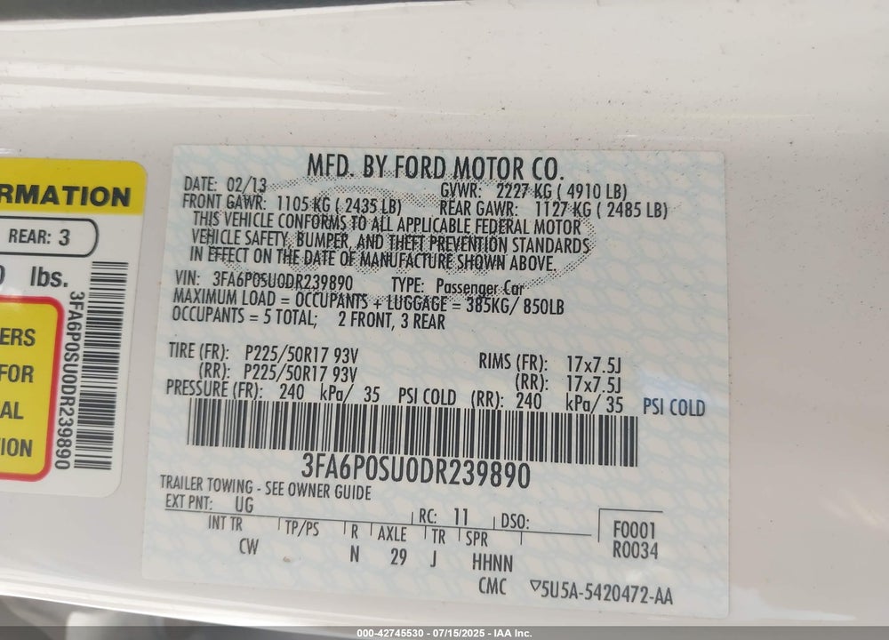 2013 FORD FUSION ENERGI VIN: 3FA6P0SU0DR239890