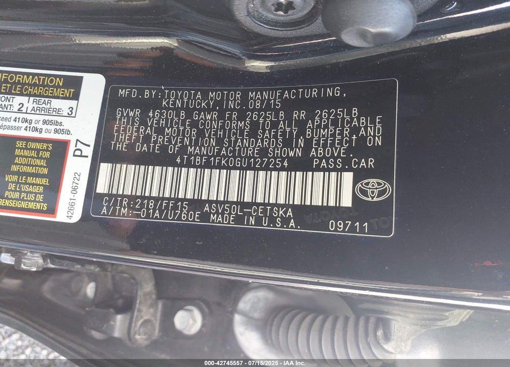 2016 TOYOTA CAMRY VIN: 4T1BF1FK0GU127254