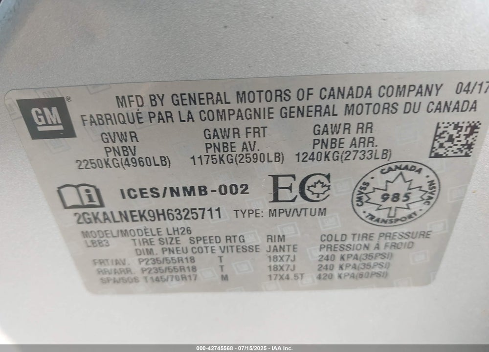 2017 GMC TERRAIN VIN: 2GKALNEK9H6325711