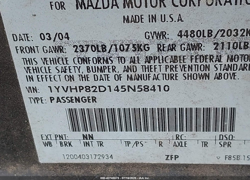 2004 MAZDA 6 S VIN: 1YVHP82D145N58410