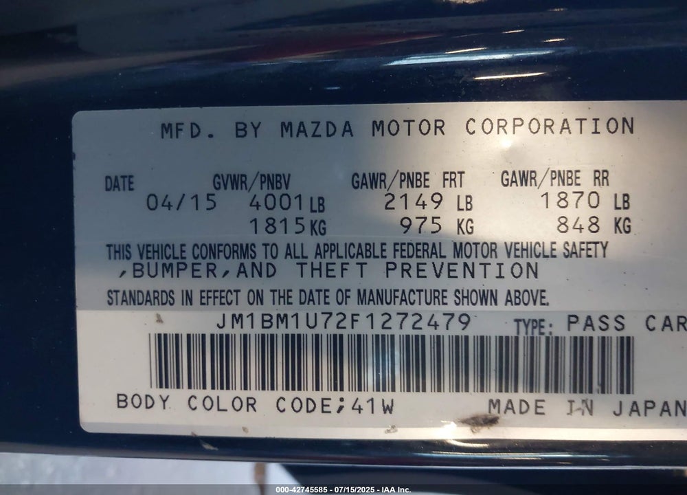 2015 MAZDA 3 I SPORT VIN: JM1BM1U72F1272479