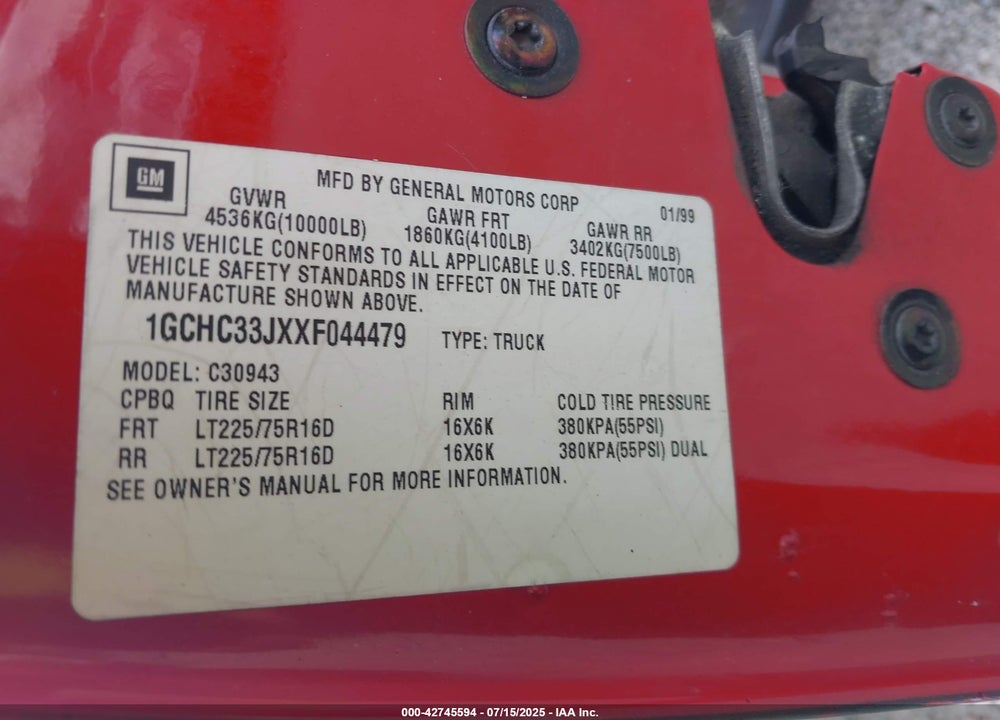 1999 CHEVROLET C3500 VIN: 1GCHC33JXXF044479